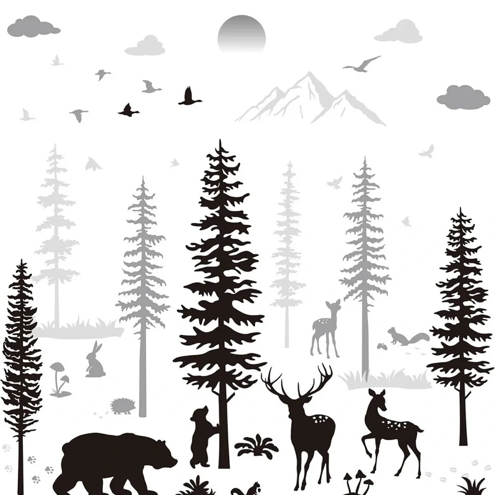 Nursery Wall Decals Forest Deers Wall Stickers Bears Pine Tree Wall Decals (003)
